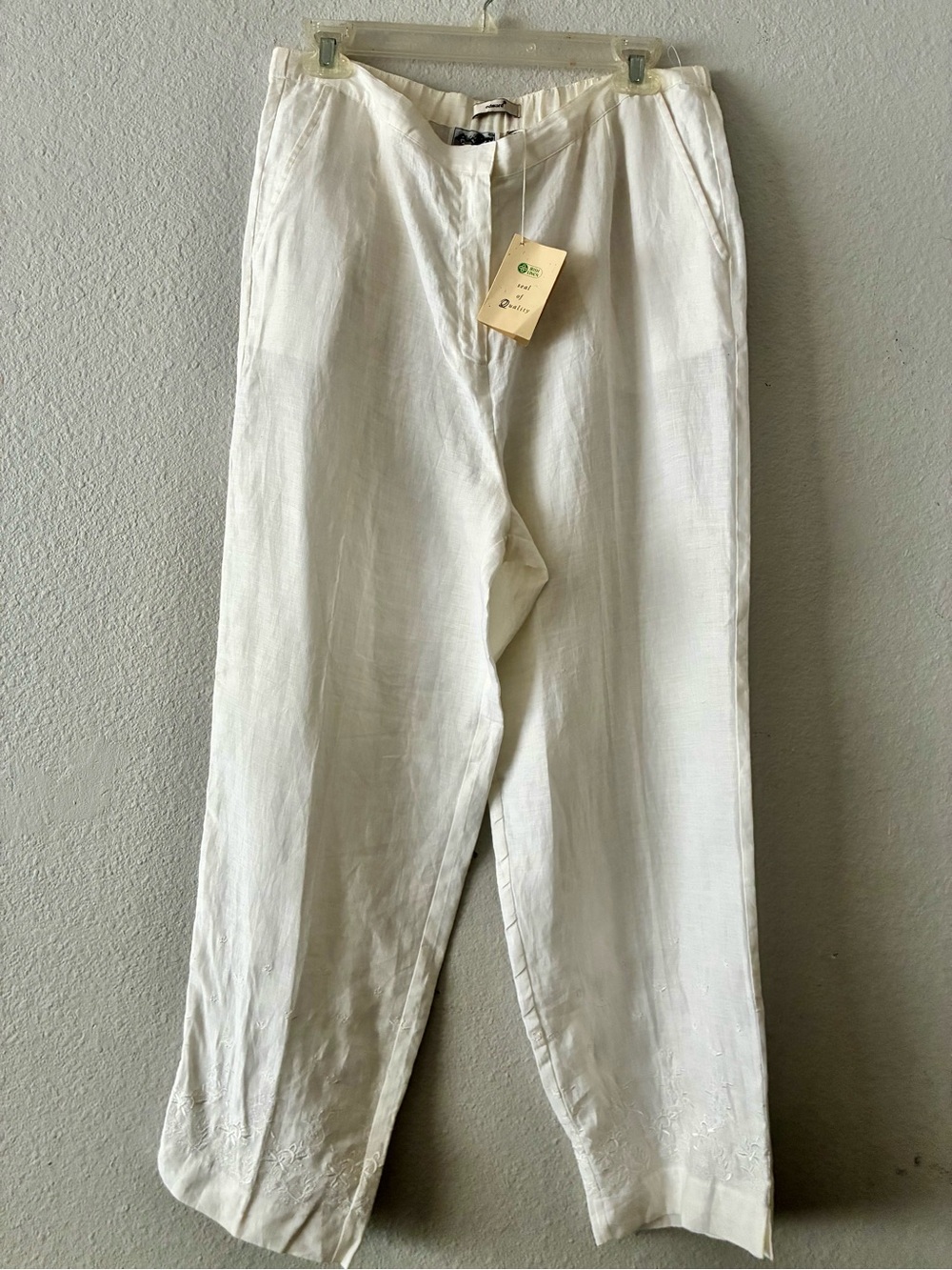Irish Linen L NWT VTG Embroidered Straight Leg Linen Pants in White Lightweight - Picture 2 of 15